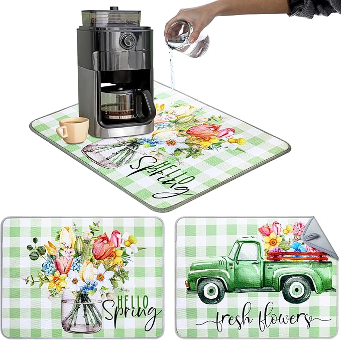 SiliFine 2 Pcs Dish Drying Mat for Kitchen, Spring Floral Absorbent Microfiber Dish Mat Counter 18 x 24 Inch Truck Flower Leaves Draining Green Drying Reusable Washable Pad
