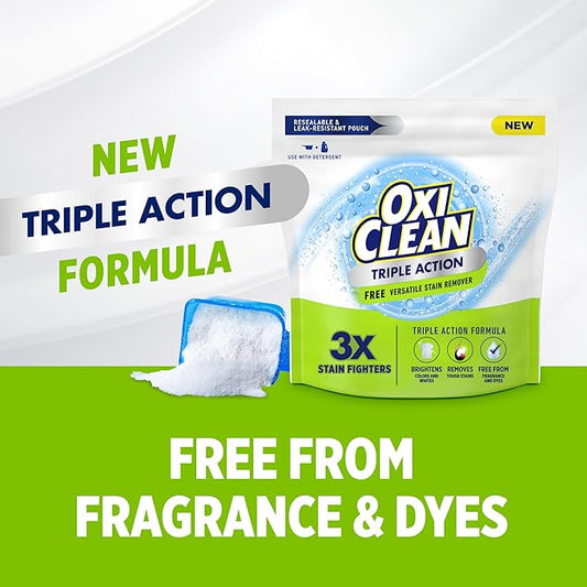 OxiClean Triple Action Free Versatile Stain Remover Powder, Use with Detergent, No Fragrance, No Dyes, No Chlorine, Removes Stains, Brightens Colors and Whites, 4 lbs