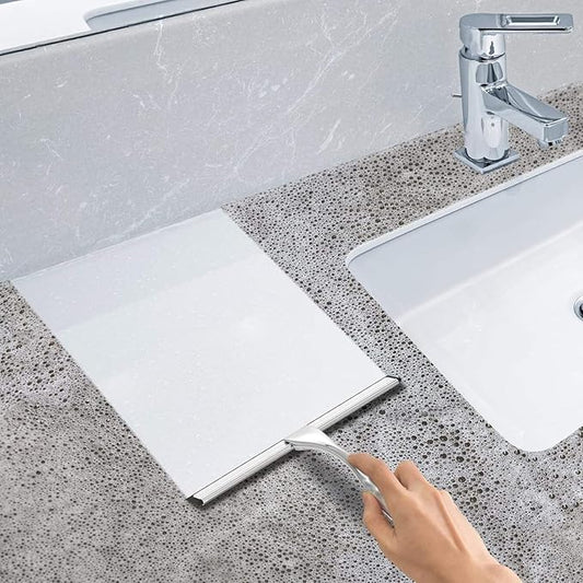 10-Inch All-Purpose Stainless Steel Shower Squeegee — Bathroom Glass Door and Mirror Cleaner with 2 Adhesive Hooks, Ideal for Windows, Tiles, Walls, and Cars, Silver Finish