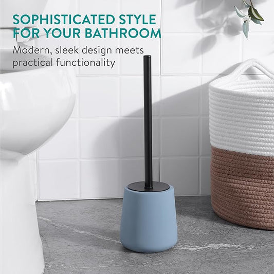 Navaris Toilet Brush and Holder Set, Blue - Toilet Brushes & Holders - Soft Touch & Rubber Coated Loo Brush with Stainless Steel Handle - Adjustable Silicone Water Stopper