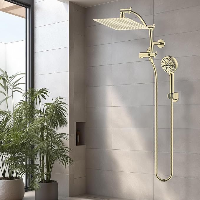 Hibbent All Metal cUPC Certified Shower Head, 10'' High Pressure Rain Shower Head, Handheld Showerhead Combo with 16'' Adjustable Extension Arm, 10 Sprays, 71'' Hose, Shower Holder, Polished Brass