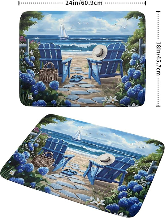 Summer Beach Dish Drying Mat 18x24 Inch Sea Shells Flowers Kitchen Mats Blue Microfiber Absorbent Dish Drainer Rack Mats Non-Slip Ocean Themed Sink Dishes Pad for Kitchen Counter Coffee Bar