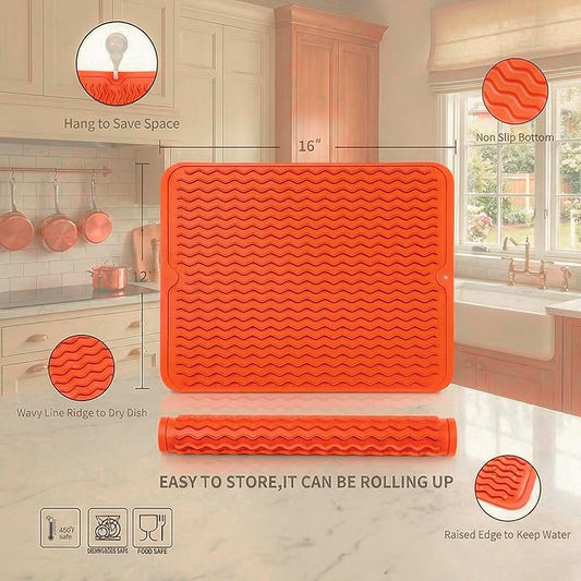 MicoYang Silicone Dish Drying Mat for Multiple Usage,Easy clean,Eco-friendly,Heat-resistant Silicone Mat for Kitchen Counter or Sink,Refrigerator or drawer liner Orange L 16 inches x 12 inches