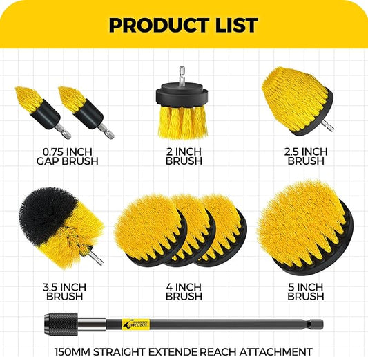 Holikme 10Pieces Drill Brush Attachments Set, Power Scrubber Brush with Extend Long Attachment,Scrub Brush,Shower Scrubber,Cleaning Supplies,Yellow