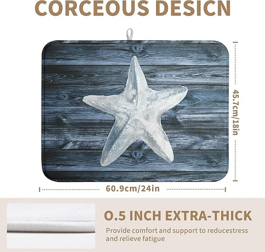 Summer Starfish Dish Drying Mat for Kitchen Counter Navy Blue Microfiber Absorbent Dish Drainer Rack Mats Coastal Ocean Themed Kitchen Sink Dishes Pad 18 X 24 Inch