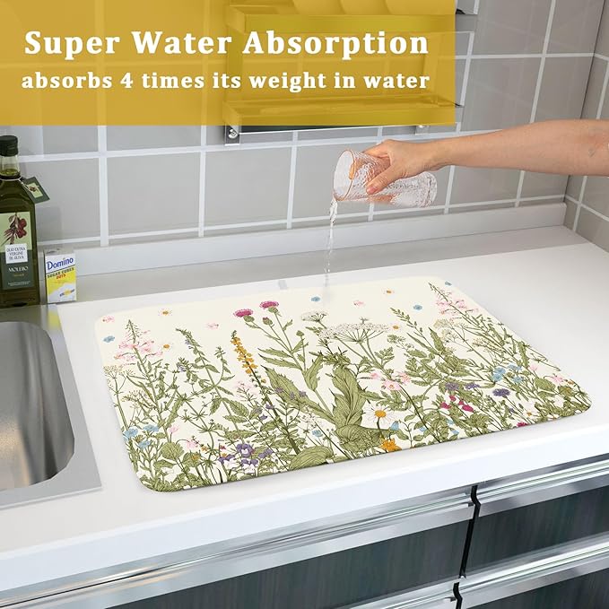 Aportt Spring Floral Wildflower Dish Drying Mat With Absorbent Reversible Microfiber Summer Flowers Sage Green Herbs Drying Mats 18 x 24 Inch Dish Drainer Mat Fast Dry For Kitchen Dining Room
