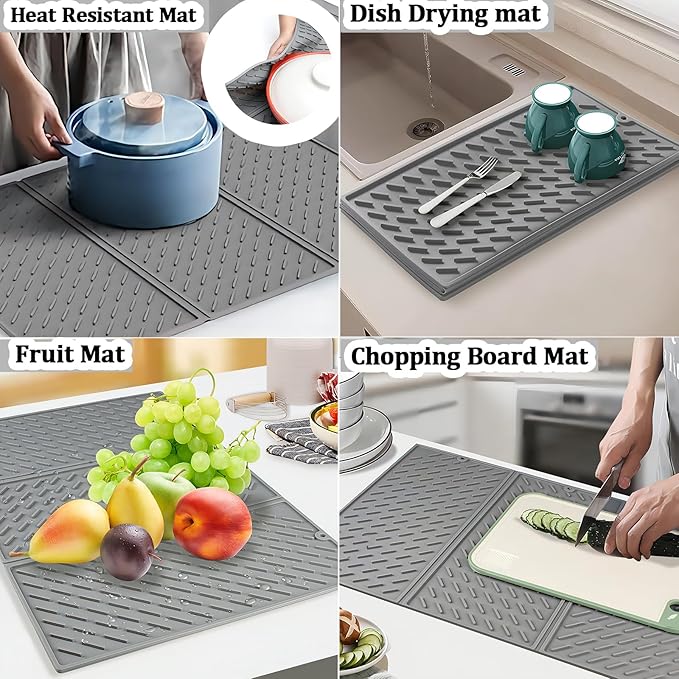 Dish Drying Mat, Silicone Drying Mat for Kitchen Counter, Collapsible Trifold Large Silicone Drying Mat, Dish Pads for Drying Multiple Usage, Easy Clean, Heat-Resistant, BPA Free(24×16in)
