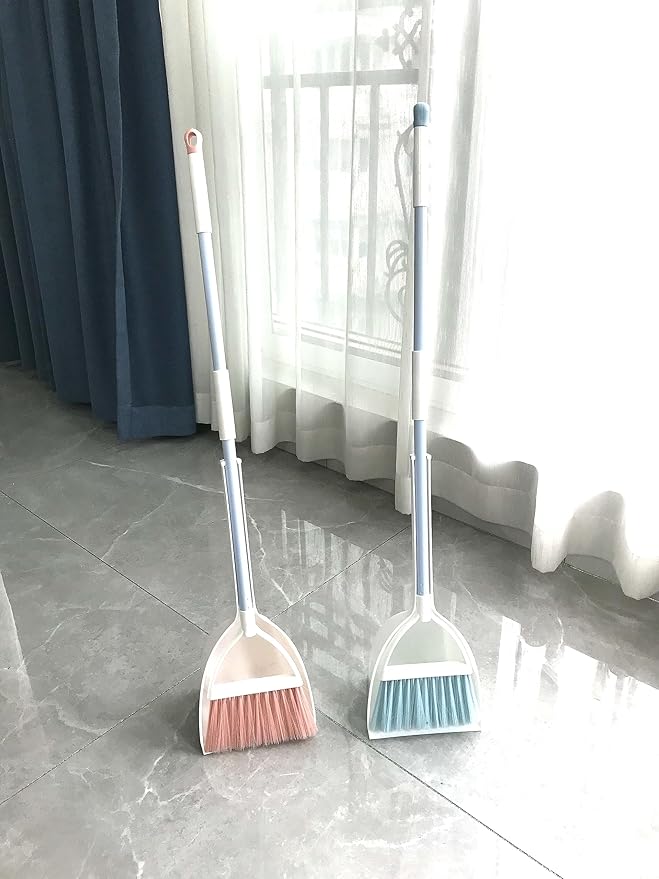 Mini Broom with Dustpan for Kids,Little Housekeeping Helper Set (White+Blue)