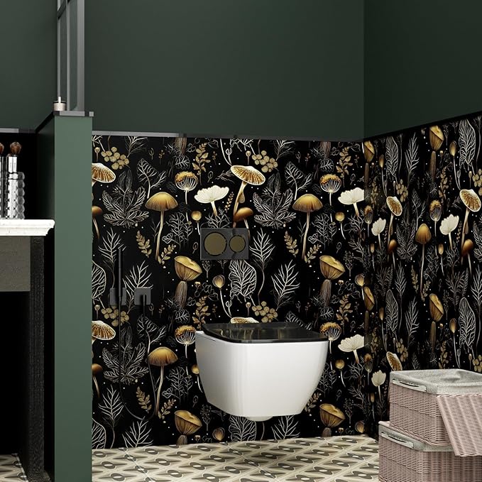 Laatse Black Gold Wallpaper Peel and Stick Dark Floral Contact Paper 17.5" x 393" Vinyl Self Adhesive Vintage Mushrooms Wall Mural Leaf Wall Paper for Room Countertop Drawer Decor Cabinet