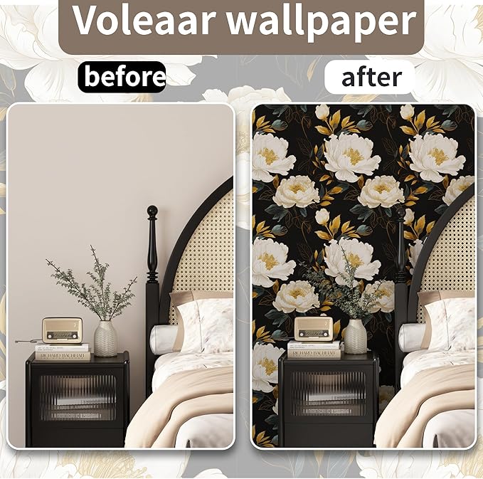 Vintage Dark Floral Wallpaper Peel and Stick, White Peony Flower with Gold Leaf Removable Contact Paper for Bedroom Cabinet Drawer, Boho Botanical Wall Decor Black White Gold 17.5" x 118"