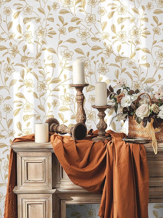 Heroad Floral Wallpaper Peel and Stick White and Gold Contact Paper Boho Peel and Stick Modern Clearance Wall Paper for Cabinets and Drawers Waterproof Self Adhesive 17.3" x 336"