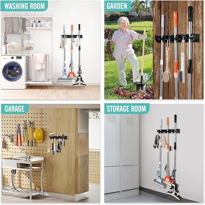 InPoTo Broom and Mop Holder, Wall Mounted Organizer Mop and Broom Storage Tool Rack with 5 Ball Slots and 6 Hooks (2Pack)