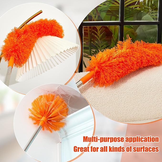 30 Feet High Reach Duster Kit with 2-24 ft Extension Pole High Ceiling Dusting and Window Cleaning Kit with Window Washer & Squeegee, Cobweb Duster, Washable Head for Ceiling Fan(Orange)
