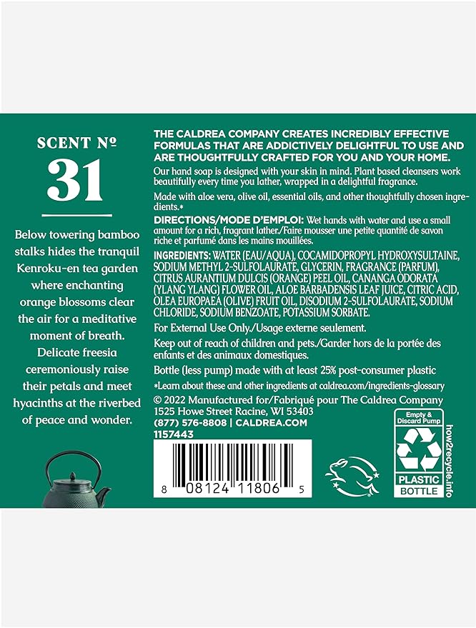 Caldrea Hand Wash Soap, Aloe Vera Gel, Olive Oil, Orange Peel and Ylang Ylang flower Essential Oils To Cleanse And Condition, Orange Blossom Bamboo scent, 10.8 Oz