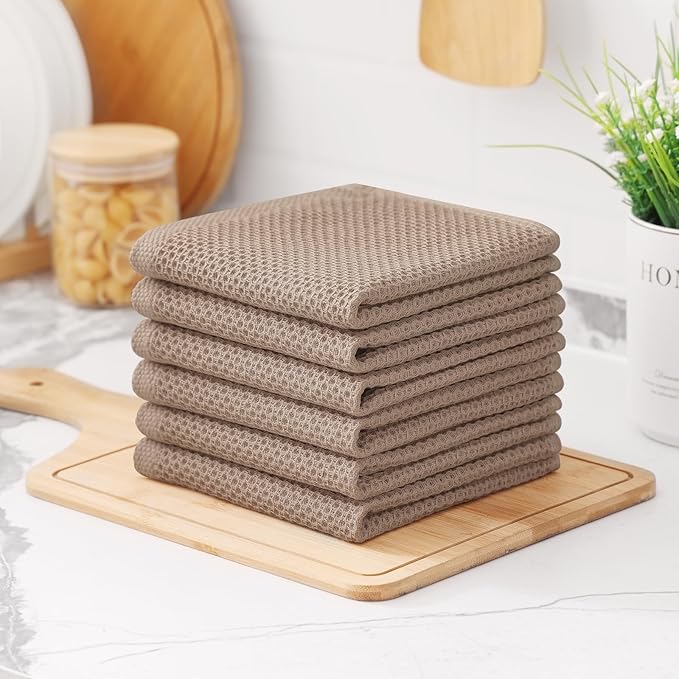Kitinjoy 100% Cotton Kitchen Dish Cloths (12 X 12 Inches, Tan), 8 Pack Waffle Weave Ultra Soft Absorbent Dish Towels for Drying Dishes Quick Drying Kitchen Towels Dish Rags