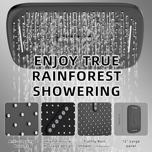 12" Rain Shower Head with Handheld Spray, Rainfall Shower Head with Handheld Combo, 11" Stainless Steel Extension Arm with Height & Angle Adjustable High Pressure Showerheads, Matte Black