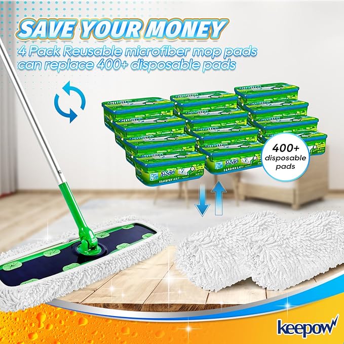 KEEPOW Reusable XL Wet Pads Compatible with Swiffer XL Sweeper, X-Large Dry Sweeping Cloths, Wet Mopping Cloths, Washable Microfiber XL Wet Pads Refills for Surface/Hardwood Floor Cleaning, 4 Pack