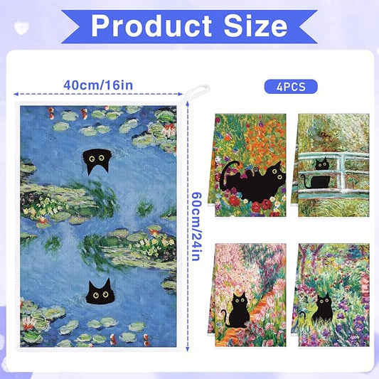 Black Cat Kitchen Towels, 4PCS Cat and Flower Dish Towels for Cooking Cleaning, Absorbent Aesthetic Decorative Tea Towel with Hanging Loop for Home Kitchen(16 X 24 Inches)