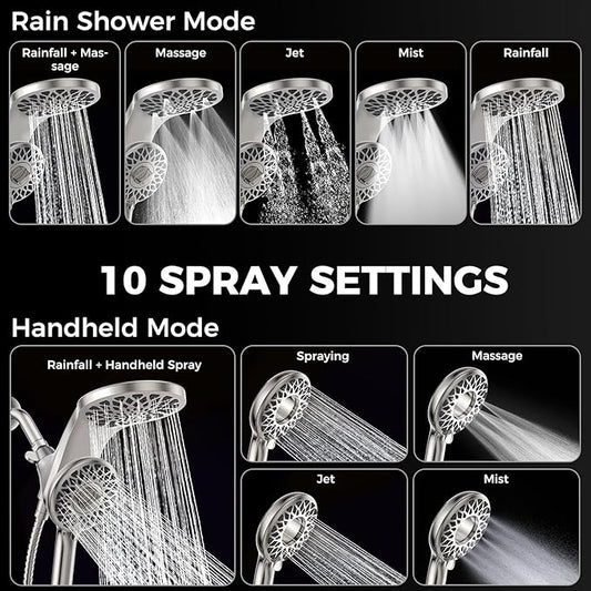 High Pressure Rain Shower Head with Handheld Spray Combo: Detachable Dual Shower Head with 10 Sprays Modes - Upgrade Knob Spray Mode Selector and Magnetic Guidance Docking System