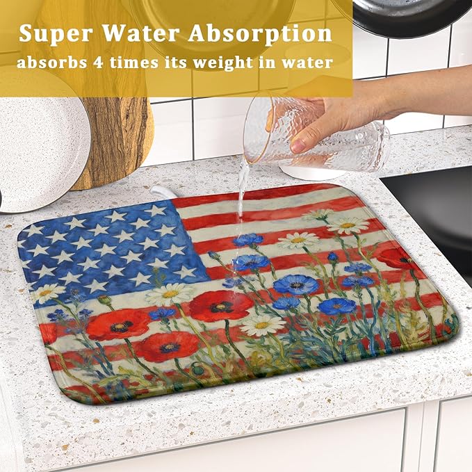 Patriotic American Flag Dish Drying Mat for Kitchen Counter 16x18 4th of July Red Blue White Floral Rustic Absorbent Reversible Microfiber Drying Mats Kitchen Countertop Protector Dishes Drainer Pad