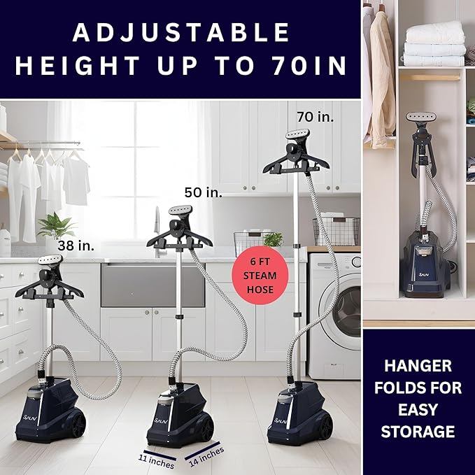 SALAV® Heavy Duty Smart Auto Shut-off Commercial Full-Size Garment Steamer, Beeping Alert when Water Runs out, Foot Pedal Control, XL 3L (101.5 oz) Tank, 1800 watts, 90+min of Continuous Steam, Navy