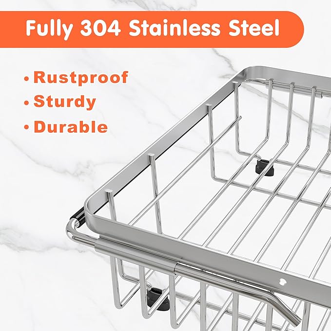 Expandable Over The Sink Dish Drainer Drying Rack In Stainless Steel Metal For Small Kitchen, Counter Space Saving Compact Above Plate Dryer Strainer, Adjustable Hanging Inside Sink Wire Drain Holder