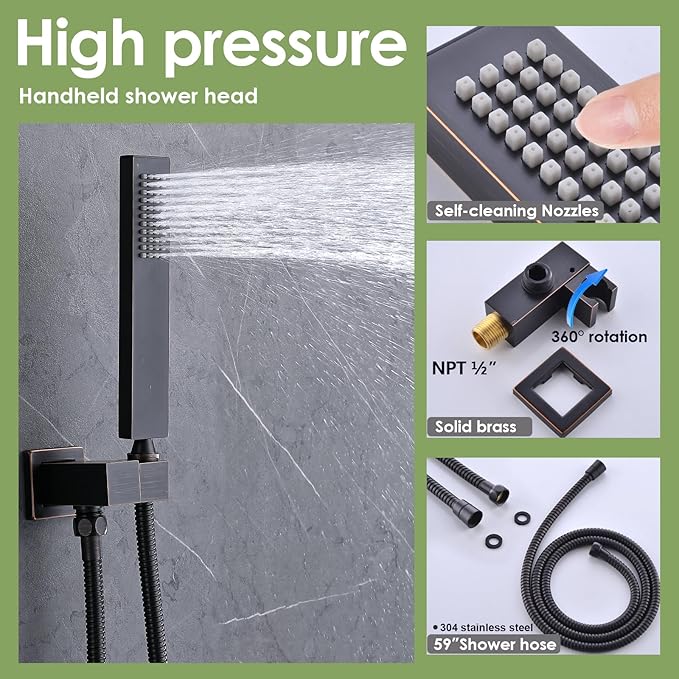 Enga Dual Shower Head Shower System with Body Jets, 12" Ceiling Mounted Rain Shower Head & 6" Wall Mounted Head Full Body Rainfall Shower Faucet with Valve Kit, Oil Rubbed Bronze