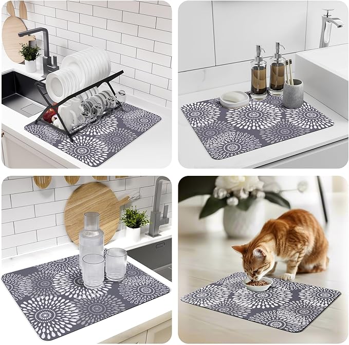 LuxStep Dish Drying Mat Super Absorbent Kitchen Counter Mat Rubber Backing Draining Mat Easy to Clean Kitchen Accessories Dish Rack Pad for Dishes, Utensils, Countertops, Sinks 15" x 18" Grey