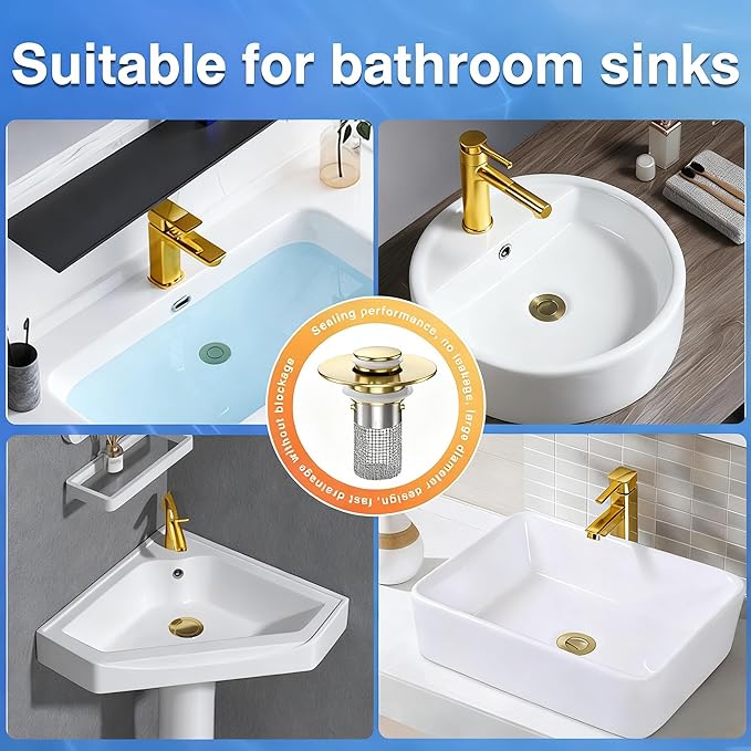 Sink Stopper Hair Catcher(2PCS), Pop-up Sink Drain Strainer with Removable Stainless Steel Strainer Basket Hair Catcher, Bathroom Sink Strainer for Bathroom Sink Stopper Replacement(Brushed Gold-2PCS)