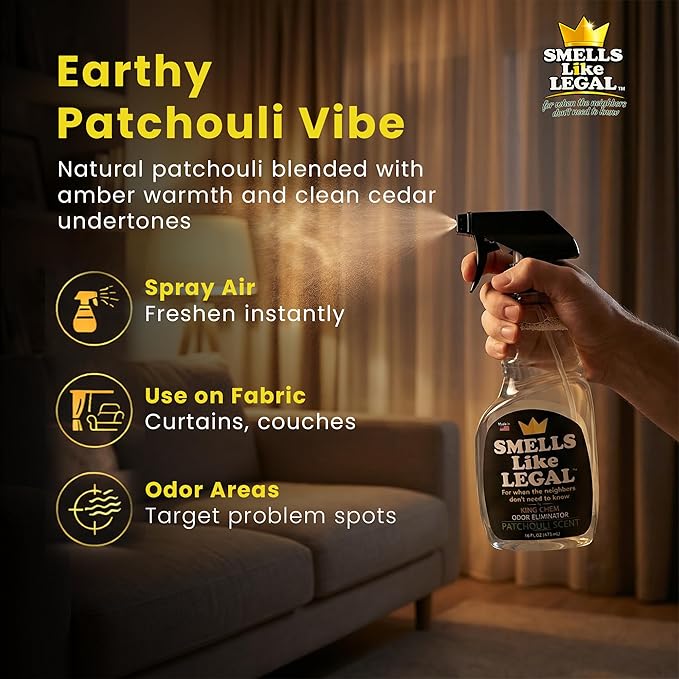 Smells Like Legal™ Patchouli Odor Eliminator Spray – Powerful Commercial-Grade – Eliminates Smoke, Pet & Food Odors at source – Fabric-Safe, Non-Staining – Biodegradable Air & Fabric Freshener – 16 oz