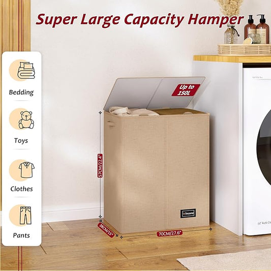 150L Laundry Hamper 2 Section, Large Laundry Hamper with Lid, Dirty Clothes Hamper with 2 Removable Inner Bags, Collapsible Laundry Basket Organizer for for Clothes Toys Towels, Hamper 2 Compartment