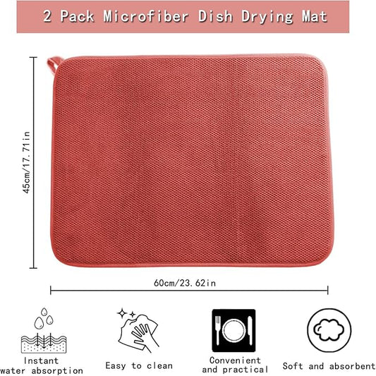 2pcs Microfiber Dish Drying Mats, Ultra Absorbent Dishes Drying Mats for Kitchen Counter, Washable Reusable Dishes Drainer Pads with Hanging Loop, 2 Pack, Large Size, 24'' x 18'' (Red)