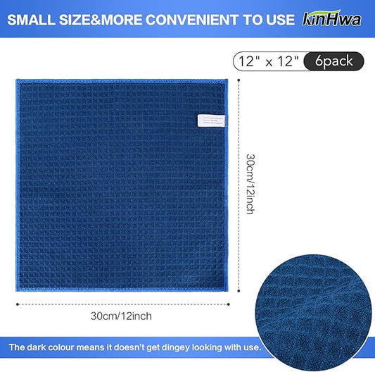 KinHwa Microfiber Dish Cloths Thick Waffle Weave Kitchen Dish Rags Ultra Absorbent Dishcloths 12inch x 12inch 6 Pack - Navyblue