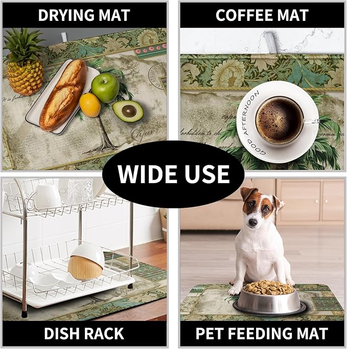 Palm Tree Kitchen Dish Drying Mat for Dishes 18x24 Inch Summer Vintage Tropical Leaves Green Jungle Plant Drying Mat Botanical Dish Drainer Mat Super Absorbent Dish Rack Pad for Coffee Bar Sinks