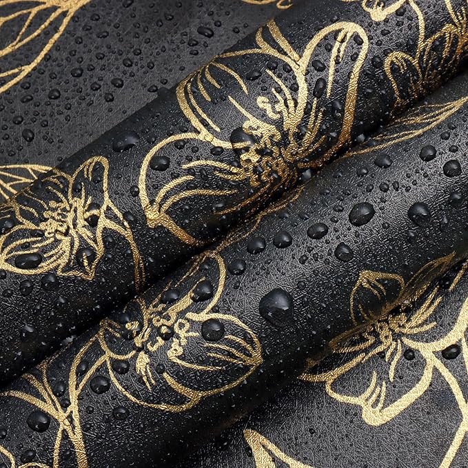 Ismoon Floral Peel and Stick Wallpaper Vintage Black and Gold Contact Paper Dark Stick on Wallaper Removable Self Adhesive Wall Paper for Cabinets Shelf Drawer Bedroom Vinyl Roll 17.3x196in