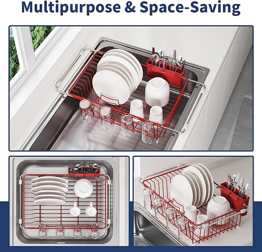 JASIWAY Red in Sink Dish Drying Rack, Expandable Stainless Steel Small Dish Rack Over Kitchen Sink, Plate Drainer Strainer with Cutlery Holder & Cup Holders, Counter Space Saving Wire Dryer Rack