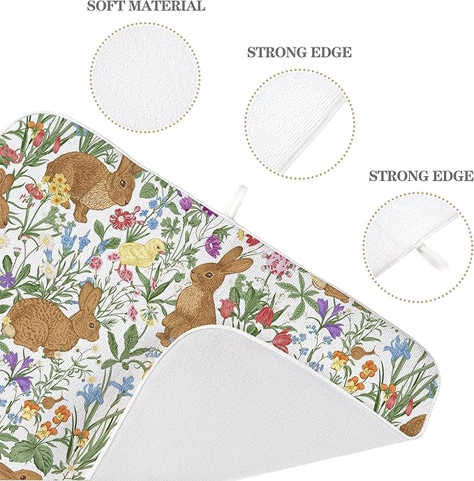 Spring Dish Drying Mat 18x24 Inches For Kitchen Counter Absorbent Brown Rabbit Floral Kitchen Easter Bunny Flower Drying Mat Pad For Home Kitchen,Dining Room,Office Decoration