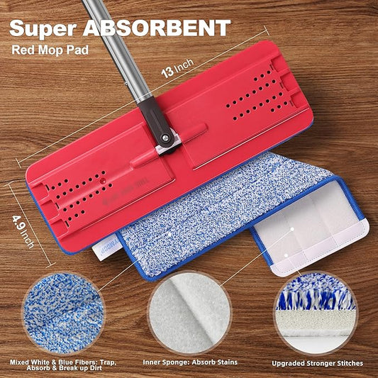 JOYMOOP Flat Mop, Microfiber Mops for Floor Cleaning and Wall Cleaner, 60" Long Handle with Flexible 13" Flat Head with a Microfiber Mop Pad - Black & Red