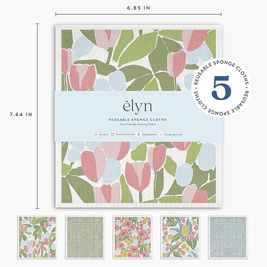 ELYN Swedish Dishcloths, Reusable & Washable Sponge Cloths, Absorbent Cleaning Paper Towels for Kitchen, Dishes, Counters and More, 5 Pack, Assorted Geo & Floral Pattern