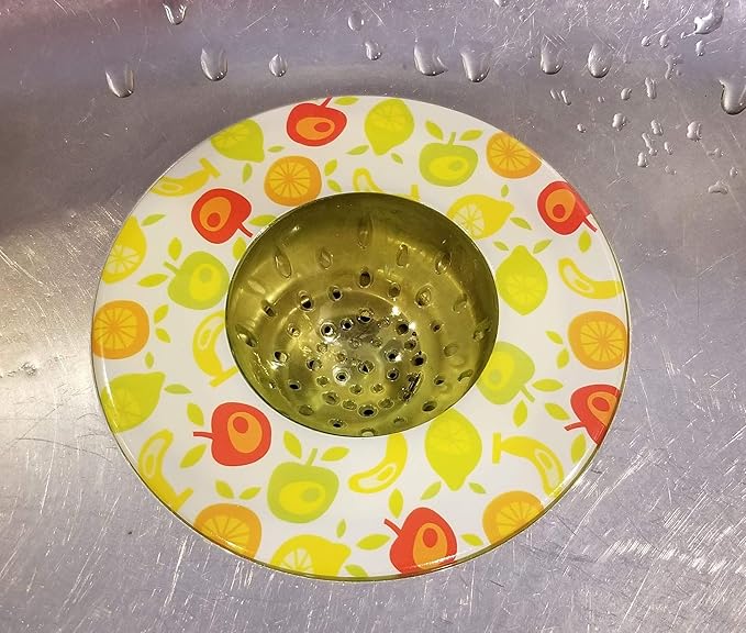Handy Housewares 5.25" Diameter Decorative Designer Pattern Kitchen Sink Strainer/Food Trap (Two Pack, Green Fruit)
