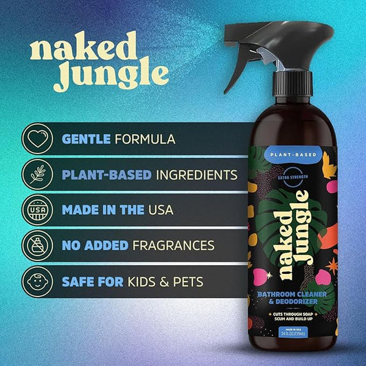 Naked Jungle Plant-Based Bathroom Cleaner and Deodorizer, Extra Strength Shower Cleaner Spray, Toilet Bowl Cleaner, Vegan Formula, No Artificial Fragrances, 24oz