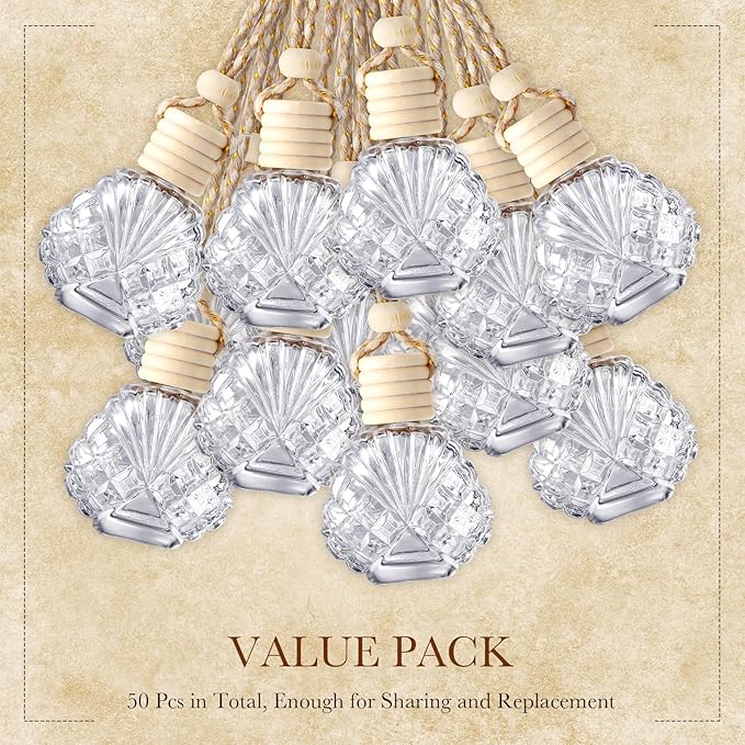 BBTO 50 Pcs Hanging Car Air Freshener Car Diffuser Bottles Empty Glass Perfume Bottle Freshener Diffuser Bottle Pendant for Essential Oil Fragrance Aromatherapy Ornament(Shell)