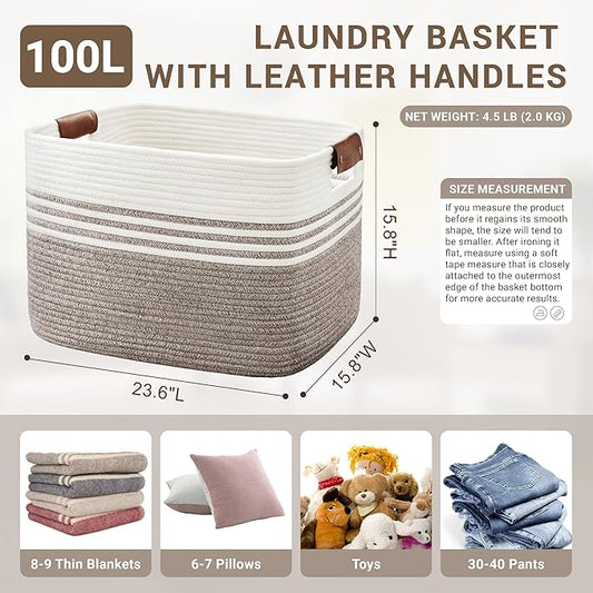 100L Extra Large Laundry Basket with Leather Handles for Living Room Storage,Woven Rope Baskets for Blanket,Kids Toy,Gifts,Wicker Hamper for Bedroom Dirty Clothes,24"x16"x14" Dark Brown