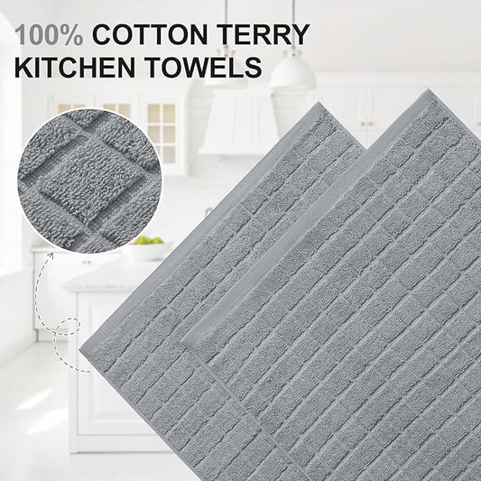 Homaxy Premium Cotton Kitchen Towels 16"x 28", Large Natural Ring Spun 390 GSM Dish Towels, Super Absorbent Terry Kitchen Hand Towels, Soft Tea Towels with Hanging Loop, Pure Grey Design, 12 Pack
