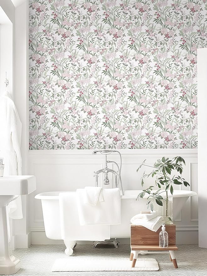 Dimoon 385"x17.3" Vintage Wallpaper Floral Peel and Stick Wallpaper Boho Contact Paper White Pink Green Cute Flower Removable Wall Paper Renter Friendly Kitchen Shelf Bathroom Self Adhesive Vinyl Roll