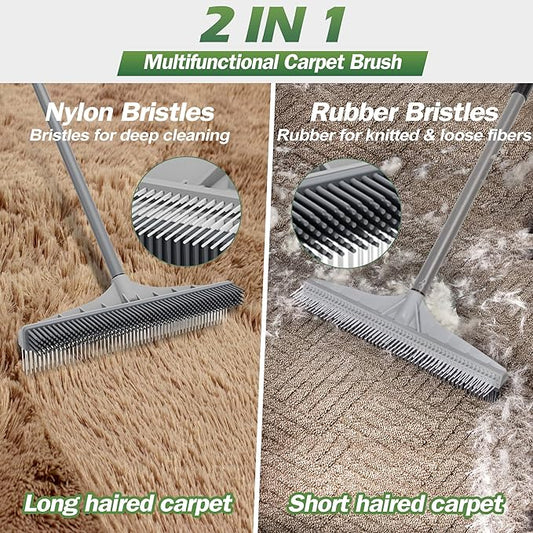 Walensee Carpet Rake for Pet Hair Removal, 2 in 1 Rug Rake to Fluff Carpet with Nylon Groomer Brush, Adjustable Long Handle for Shag Rugs, Stairs, Mats and Floors, Rubber Broom