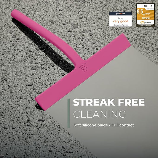 GÜTEWERK Silicone Shower Squeegee for Glass Doors & Mirrors with Stainless Steel Core, Streak-Free & No-Squeak Window Cleaning, 3-in-1 No-Drill Mount (Hook/Suction/Adhesive),Pink, 11 Inches