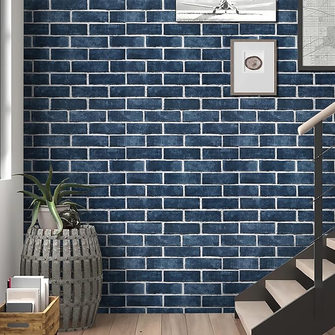 HeloHo 17.7" X 118" Blue Brick Wallpaper Peel and Stick Self-Adhesive Removable Wall Paper Brick 3D Textured Wallpaper for Kitchen Backsplash Living Room Bedroom Decor