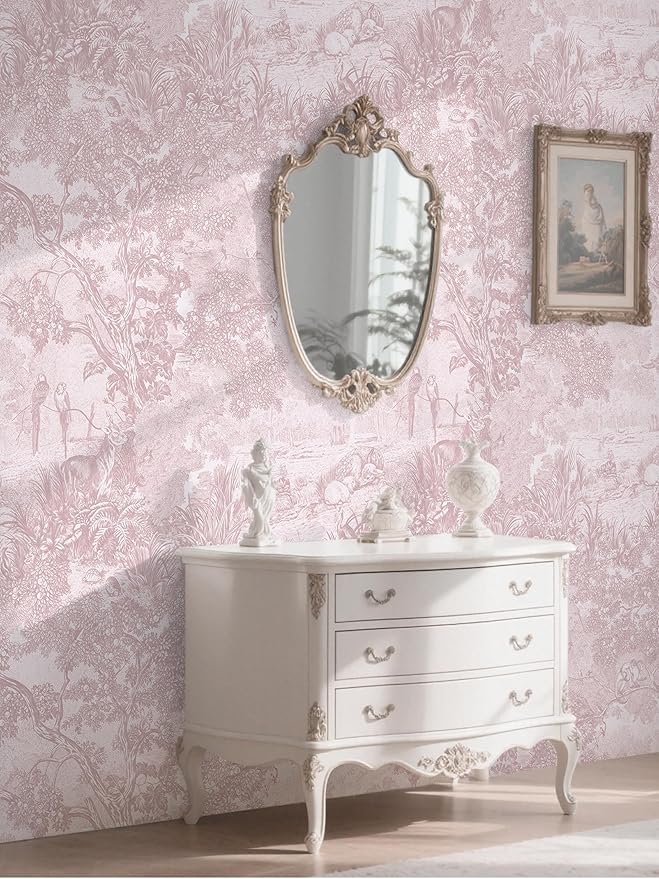 Dimoon 17.3" X 188.9" Peel and Stick Wallpaper Pink White Modern Forest Floral Wallpaper Renter Friendly Waterproof Removable Self Adhesive Wall Paper Bedroom Livingroom Cabinets Vinyl