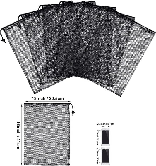 TecUnite 10 Pcs Mesh Laundry Bags with Drawstring Multicolor Mesh Sack Bag Nylon Gift Dishwasher Bag with Sliding for Storage Clothes Socks Jewelry Gifts Toys Fruit(12 x 16 Inch,Black)